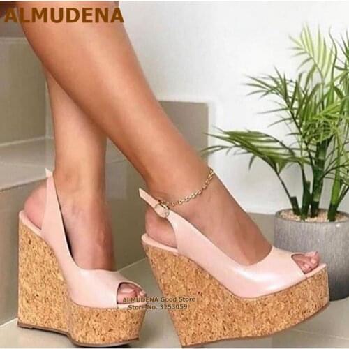 ALMUDENA Wood Wedge Sandals Open Toe Slingback Nightclub Shoes Buckle Strap Platform Gladiator Footwear Dress Pumps Size47