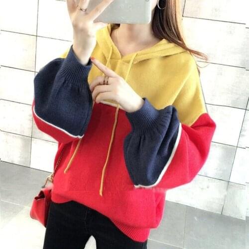 Spring/autumn women sweaters computer knitted sweater hooded pullover women autumn clothing loose sweaters patchwork