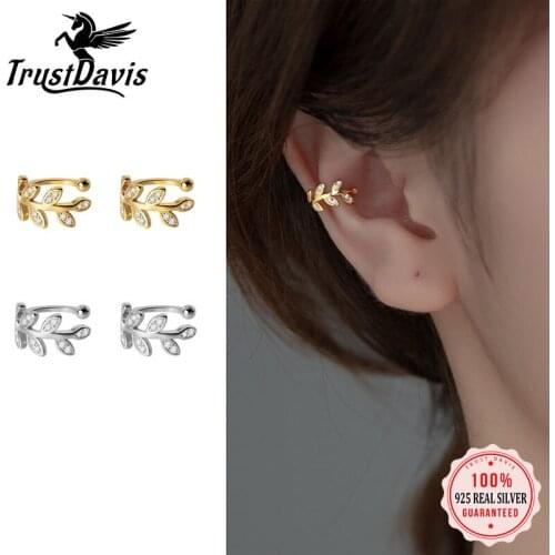 Trustdavis Real 925 Sterling Silver Sweet Leaves CZ Ear Cuff Clip on Earrings For Women Wedding Party Earings Jewelry DB1223