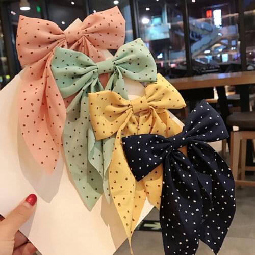 Polka Dot Print Barrettes Long Ribbon Big Bow Hair Clip Bow Knotted Chiffon Hairpin for Women Girls Headwear Hair Accessories