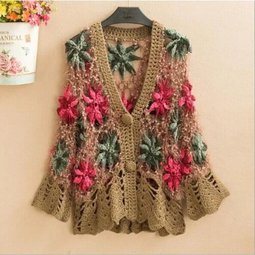 Women Flowers Hollow Flower Sweater 2020 Autumn New Women Knitted Sweater Coat Nine Points Sleeve Cardigan Single-breasted Coat