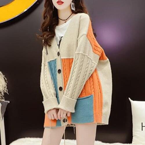 Korea Chic Color Matching Knitted Cardigan Womens Autumn 2021 New Loose Single Breasted Long Sleeve Sweater Coat Fashion X973