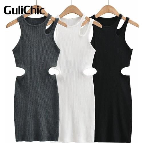 6.24 Women Summer New Dress Waist Hollow Out Asymmetrical Off-The-Shoulder Sleeveless Slim Tank Dress