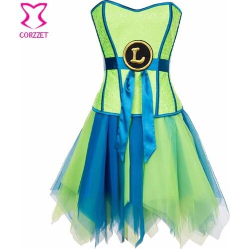 Burlesque Green Lantern Supergirl Corset Dress Sequin Bustier Top and Skirt Outfits Korsett For Women Sexy Gothic Dresses