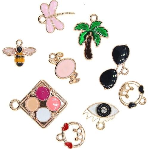 10 pieces/batch golden mixed enamel glasses dragonfly bee pig rabbit coconut tree pendant earrings bracelet DIY jewelry customiz