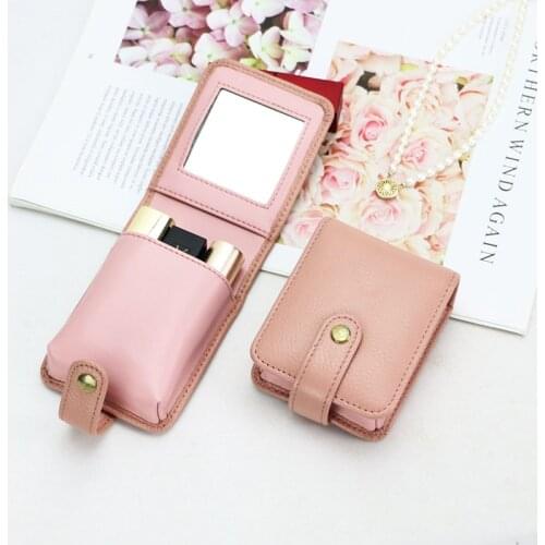 New fashion women cow leather lipstick storage case travel lipstick organizer case with mirror 3pcs lip rough leather holder