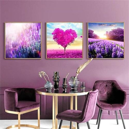 Heart Shape Lavender Flower Landscape Home Decoration Canvas Poster Wall Art Print Living Room Bedroom Picture Scenery Paintings
