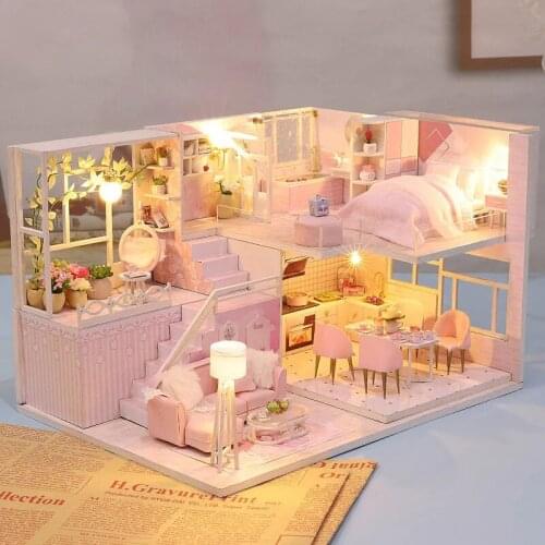 Wooden Doll House Furnitures Diy 3D Loft Wooden Miniaturas Assemble Dollhouse Toys for Children Birthday Gifts