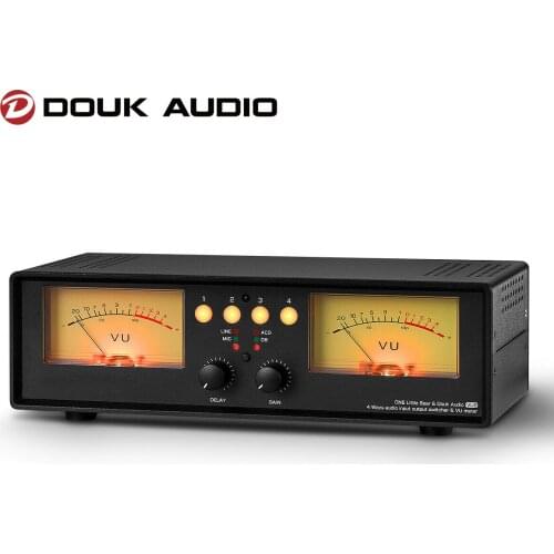 Douk Audio 4-IN-1-OUT MIC+Line Analog Dual VU Meter DB Panel Retro Sound Level Indicator Audio Splitter Switcher Box