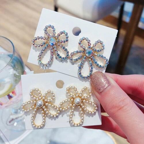 Exknl Flower Baroque Pearl Earrings For Women Five petals Drop Earrings Colorful Crystal Hanging Dangle Earrings Fashion Jewelry