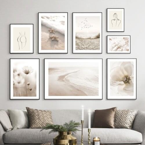 Birds By The Beach Wave Starfish Bloom Flower Wall Art Print Canvas Painting Line Nordic Poster Decor Pictures For Living Room