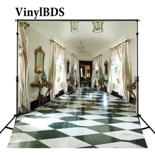 VinylBDS Indoor Wedding Backdrop European-style Open Room Backdrops Black and White Tiles Space Background for Photo Studio