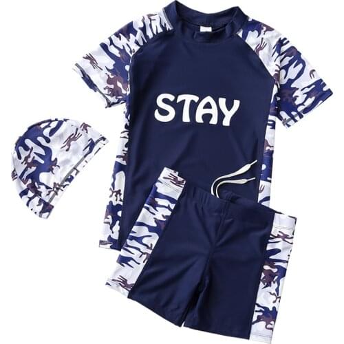 Boys Swimsuit 3 Pieces Hat+Shirt+Shorts Kids Swimwear Boys Short Sleeves Boxer Brief Beach wear Swimming Trunks For Children