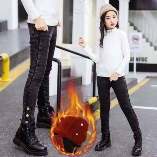 Fashion Autumn Winter Casual Girls Jeans Cotton Children Skinny Velvet Pants Kids Clothes Warm Elastic Waist Trousers For 4-14
