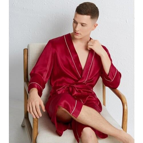 100% Mulberry silk pajamas men robe Spring 2020 new solid color long-sleeved high-end silk pajamas mens home service Red