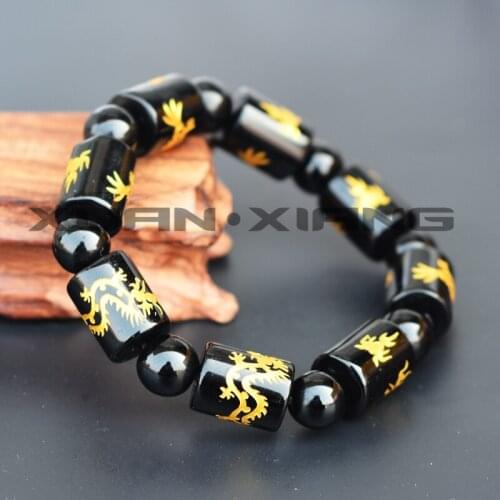 Natural Obsidian Stone Jade Bracelets Carved Gold Dragon Patron saint Hand String Bangles Mens Fashion Jade Stone Jewerly