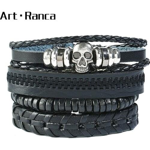 Punk skull bead braided leather retro mens and womens Bracelets