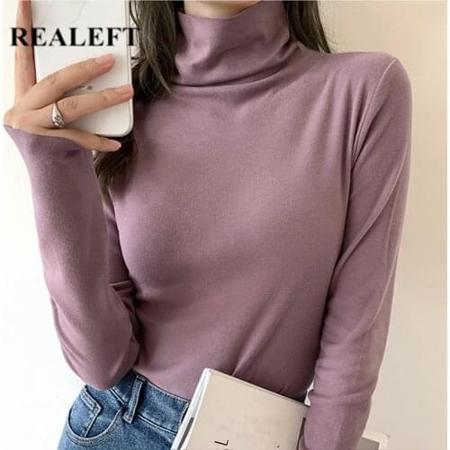 REALEFT 2021 New Autumn Winter Turtleneck Womens T-Shirts Long Sleeve Bottoming Thicken Basic Slim Purple Shirts Female Tops