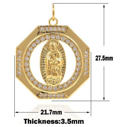 Virgin Mary Medal Necklace Octagonal Religious Gold Necklace CZ Pavé Ladies Charm Religious Charm DIY Jewelry Components