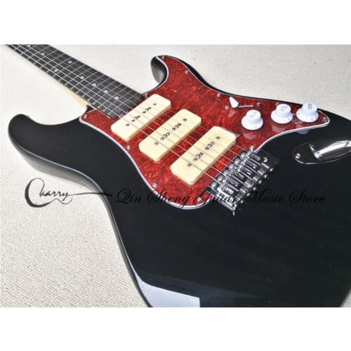 Free shipping custom 6 string black guitar,P90 pickups,fixed bridge, red pearl shell pickguard,rosewood fingerboad chrome butto