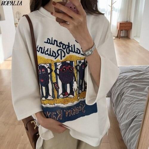 Slit Casual Pullover Long T-Shirts Women\s Round Neck T-Shirts Letter Print 3/4 Sleeve Loose T-Shirt