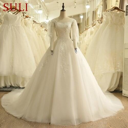 SL-9006 Sheer Neckline Puffy Half Sleeve Bridal Gown Lace Beads Wedding Dresses 2018