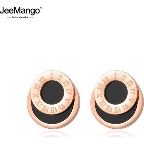 JeeMango Trendy Double Circle Roman Numerals Stud Earrings For Women Titanium Steel Female Wedding Earrings Jewelry JE17051