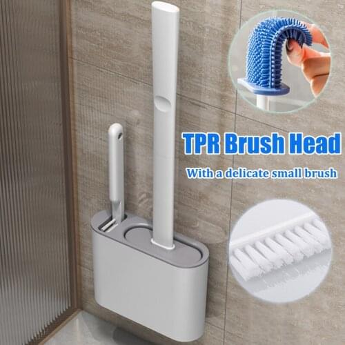 TPR Silicone Toilet Brush and Drying Holder for Bathroom Cleaning Wall-Mounted Detachable Handle Bathroom WC Cleaning Tool