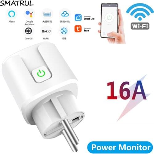 Tuya WiFi EU Smart Plug 16A 220V Adapter Wireless Remote Voice Control Power Monitor Timer Socket for Google Home Alexa