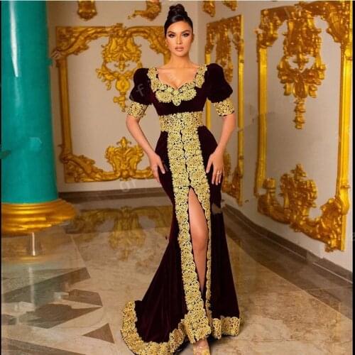 Traditional Kosovo Albanian Red Evening Dresses Mermaid Short Sleeves Gold Applique Prom Dress Vestido De Novia