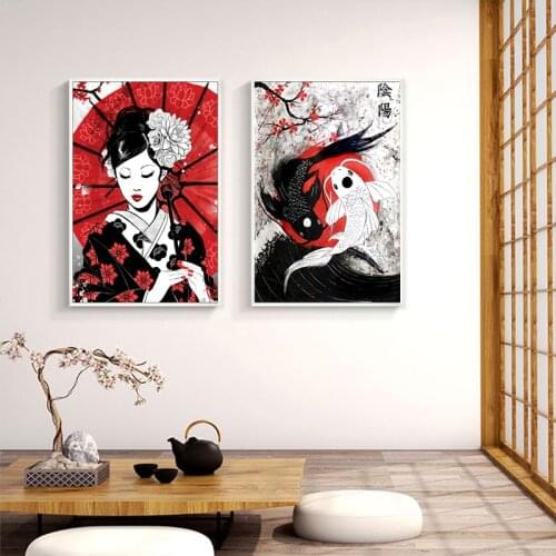 Japanese Geisha Umbrella Girl And Yin-Yang Fish Art Canvas Print Painting Wall Picture Living Room Modern Home Decoration Poster