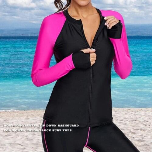 2019 Womens Plus Size Sun ProtectionLong Sleeve Zip Down Rashguard For Women Color Block Fashionable Tops Hot Sale
