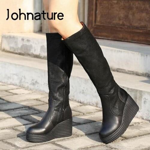 Johnature Zip Winter Shoes Women Long Boots Genuine Leather 2021 New Handmade Round Toe Concise Leisure Fashion Platform Boots