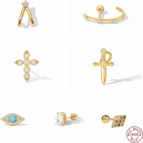 100% S925 Sterling Silver Cartilage Earrings Cross Piercing Mini Small Stud Earring For Woman Ladies Brincos Jewelry Accessories