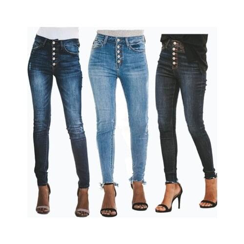 Women High Waist Stretch Denim Jeans Button Skinny Slim Casual Pencil Pants Ladies Trousers
