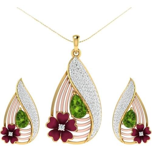 Women Faux Emerald Flower Water Drop Pendant Necklace Stud Earrings Jewelry Set