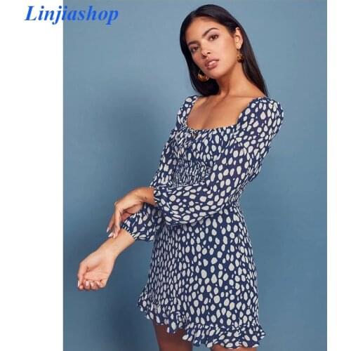 Vintage fashion new dress women square collar super chic navy blue long sleeves elastic waist lining mini dress
