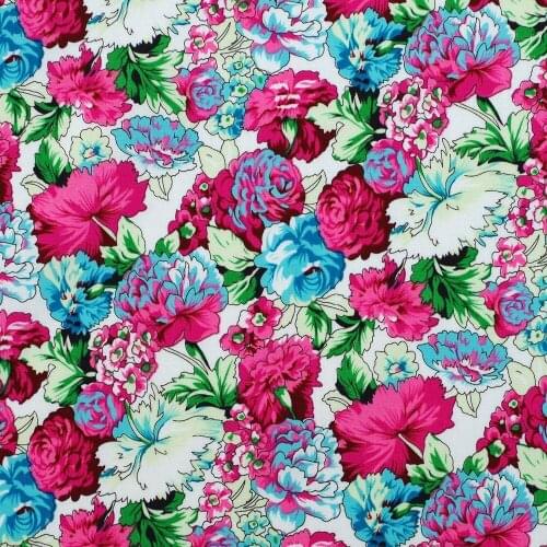 1 Yard Cotton Poplin Fabric for Sewing Patchwork, Dress, Cloth, Bedding - Beautiful Flowers(Pink and blue) (width=140cm)
