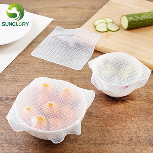 4PCS Silicone Food Wrap Kitchen Tools Keeping Food Fresh Saran Wrap Reusable High Stretch Silicone Seal Vacuum Cover Lid Stretch