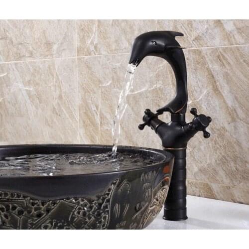 Black Oil Rubbed Bronze Antique Brass Animal Dolphin Style Kitchen Wet Bar Bathroom Vessel Sink Faucet Swivel Spout Mixer Tap Single Hole Two Handles mnf315
