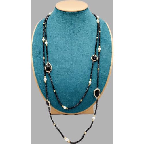 Faceted Cut Irregular Black Onyx Long Necklace With 5-6mm White Freshwater Pearls 2mm Crystals And Hammered Gold Beads 50 Inch