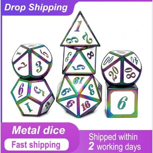 Metal Dice Set D4 D6 D8 D10 D12 D20 Drawstring Pouch for DnD RPG Board Games Colorful White Fast Shipping within 2 Working Days