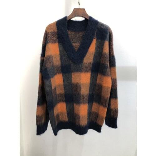 Fashion ladies 2021 new long sleeve sexy casual mohair plaid sweater 1017