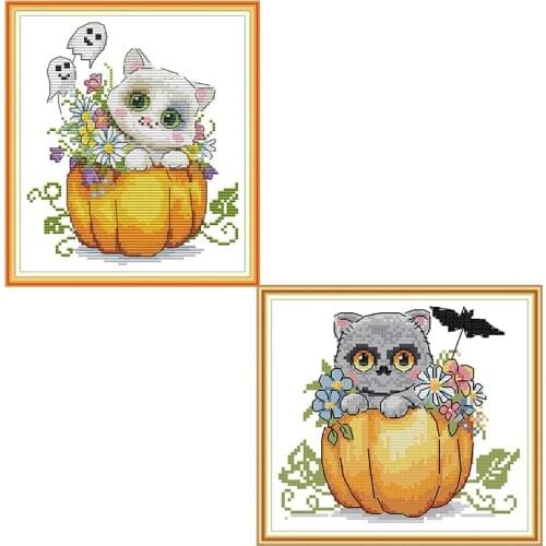 Joy Sunday Cross Stitch Kit Halloween Cat Patterns 14CT 11CT Printed Cross Stitch kits Canvas Handmade Embroidery Needlework Set