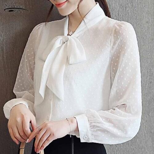 New Long Sleeve Chiffon Blouse Women 2021 Autumn Solid Lace Elegant Bow Collar Slim Fit Ladies' Tops Blusas Mujer De Moda 10703