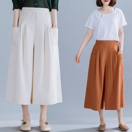 New Style Elastic Waist Solid Color Casual Pants Womens Pocket Lace Up Wide-leg Pants All-match Streetwear Summer