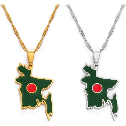 Anniyo Map of Bangladesh Flag Pendant Necklaces for Women Girls Stainless Steel Bangladeshi Maps Chains Bengali #155221
