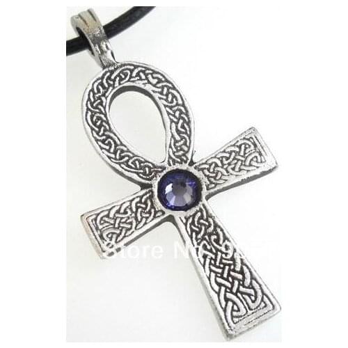 30pcs a lot antique silver plated religious ankh cross with purple crystal pendant necklace jewelry