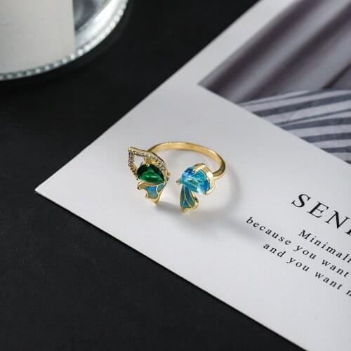 Retro Gradient Blue Green Crystal Butterfly Ring Gold Plated Opening Adjustable Ring Promise Girl Ring Valentines Day Gift