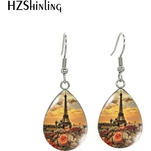 New Fashion Famous City Paris Tower Eiffel London Landscape Drawing Tear Drop Dangles Handmade Fish Hook Earrings